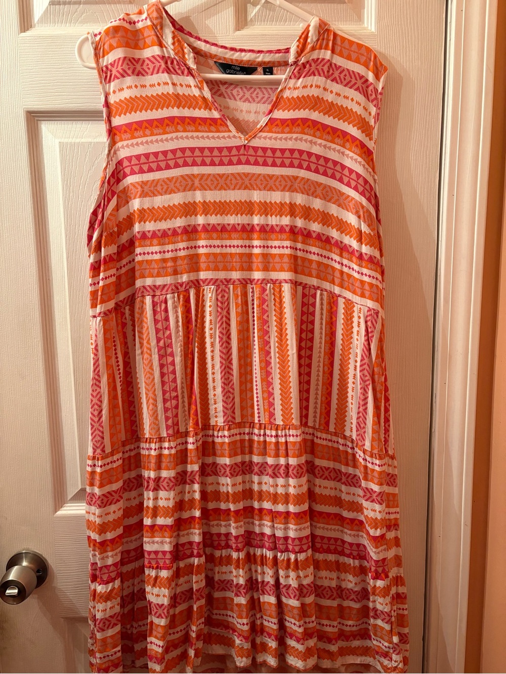 Mlle Gabrielle Pink & Orange Striped Tiered Midi Dress